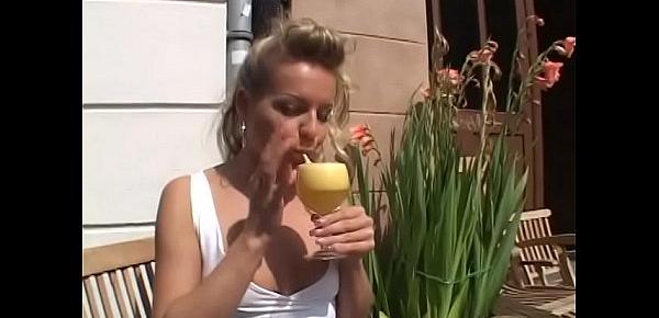  Curly-haired blonde with natural tits loves sunbathing naked and gets a hard cock in her pussy